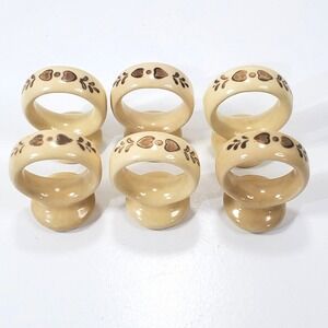 Vintage Pfaltzgraff Village Pattern Stoneware Napkin Rings Beige Brown Set of 6